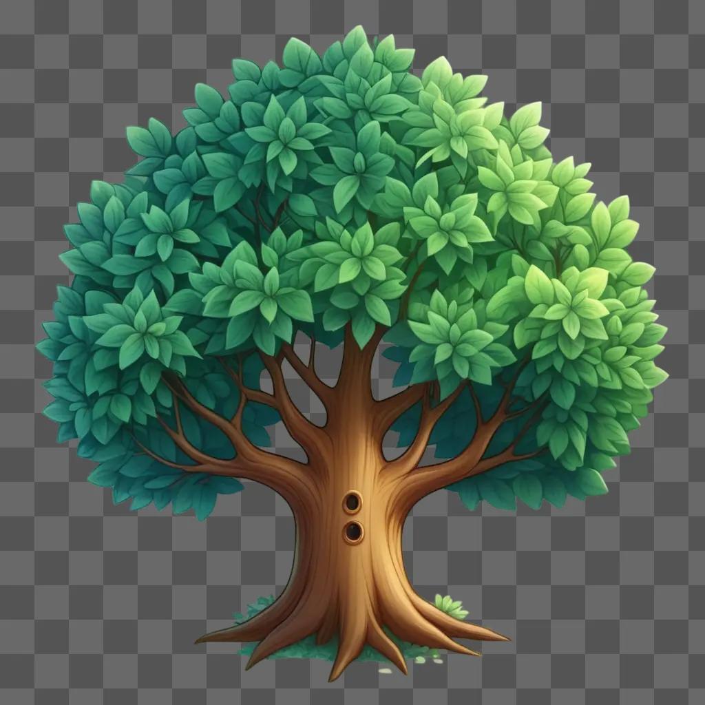 Cute kawaii tree drawing with green leaves