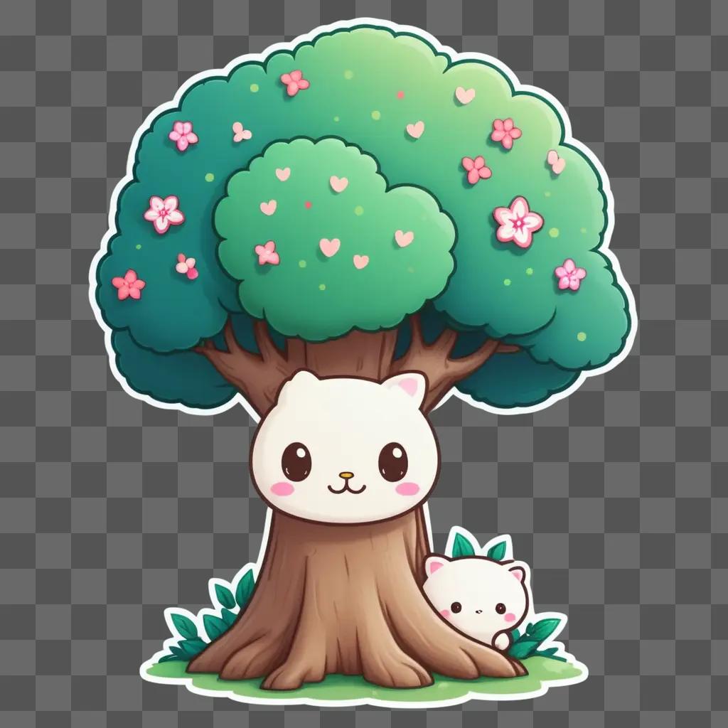 Cute kawaii tree drawing with kitten and flowers