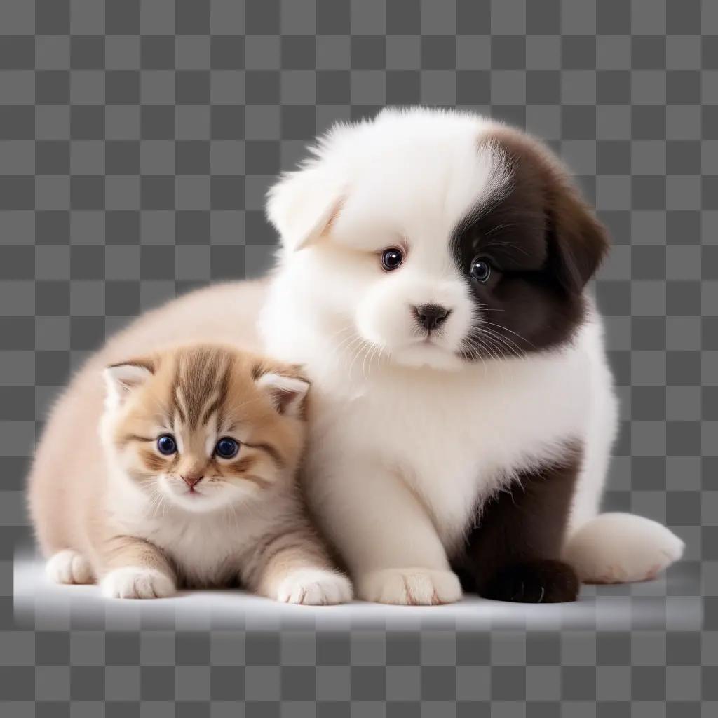 Cute kitten and puppy sitting together in a white background