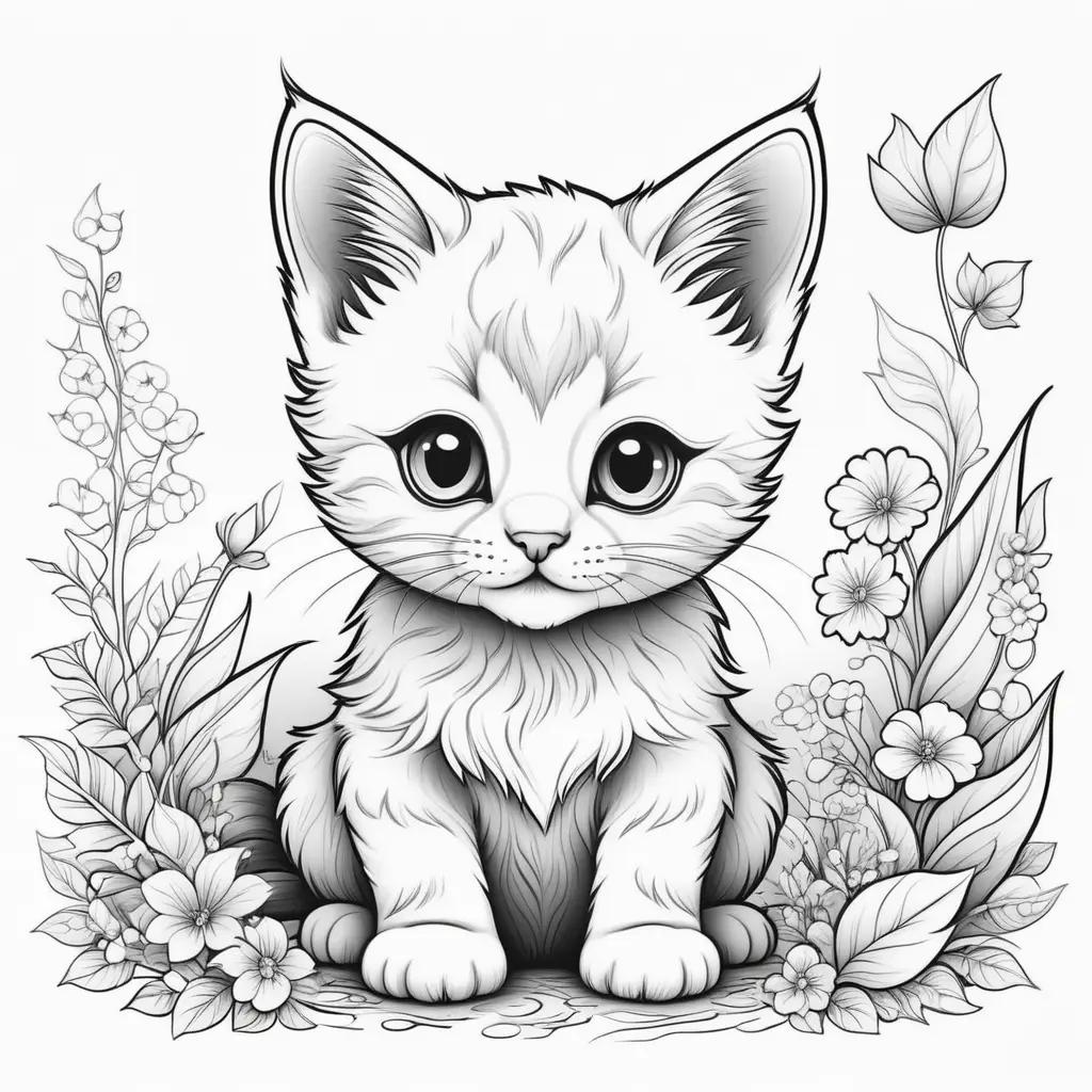 Cute kitten coloring pages: black and white drawing of a cute kitten sitting in a garden with flowers