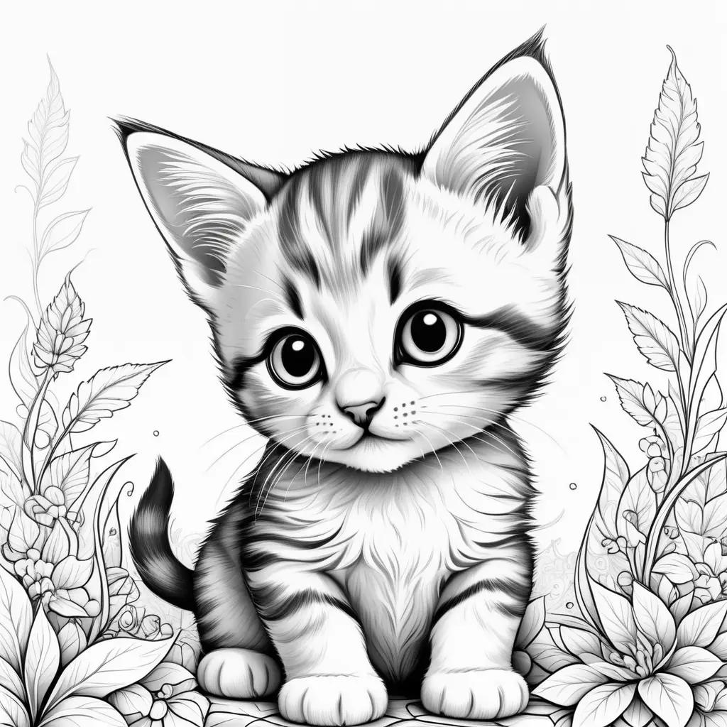 Cute kitten coloring pages with black and white illustration