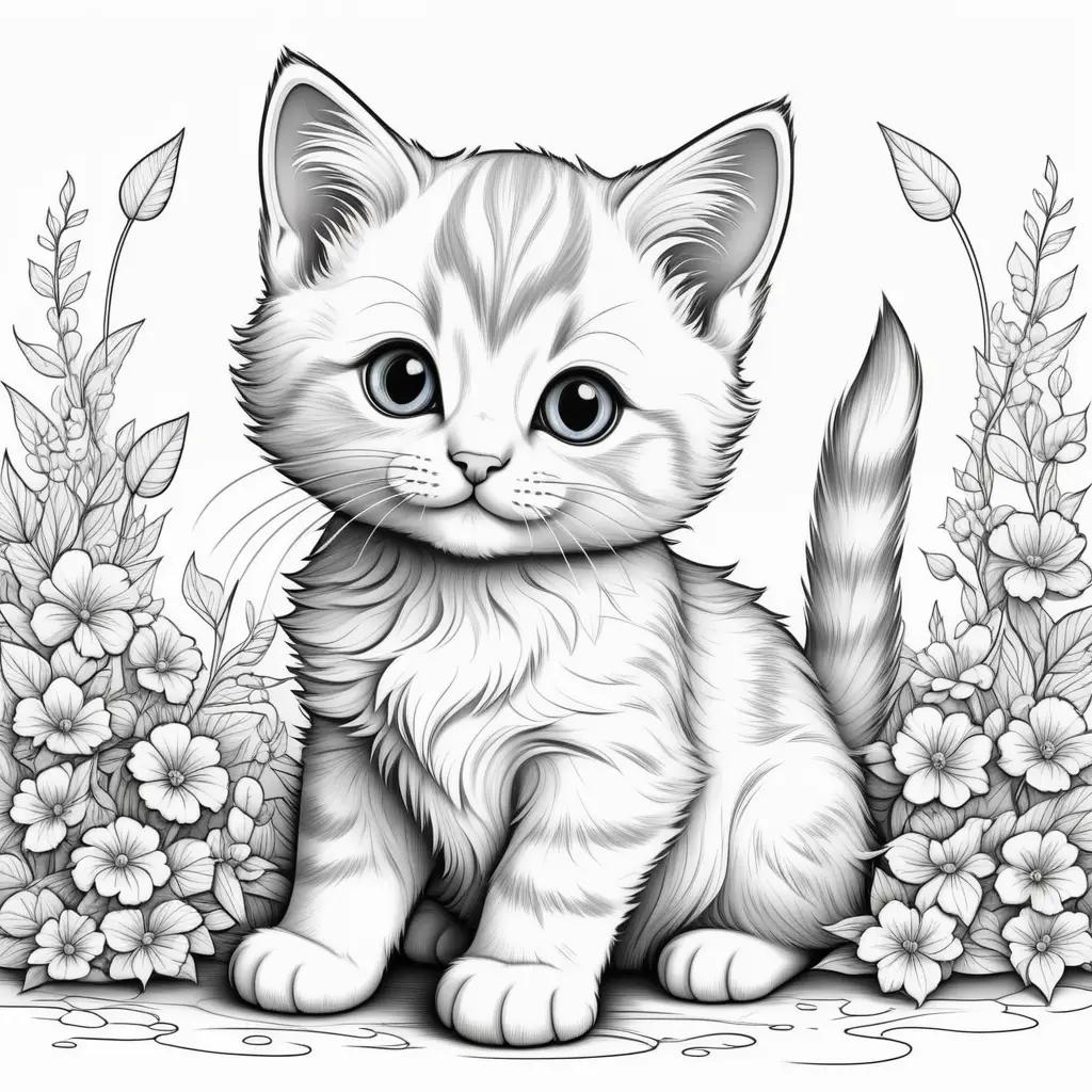 Cute kitten coloring pages with flowers in the background