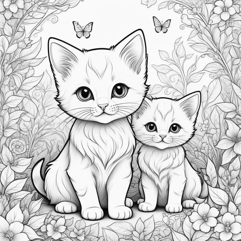 Cute kittens coloring pages with flowers and butterflies