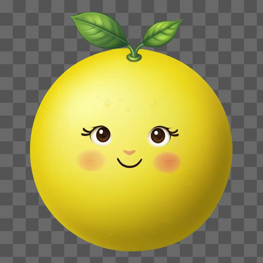 Cute lemon drawing with smiling face and green leaves