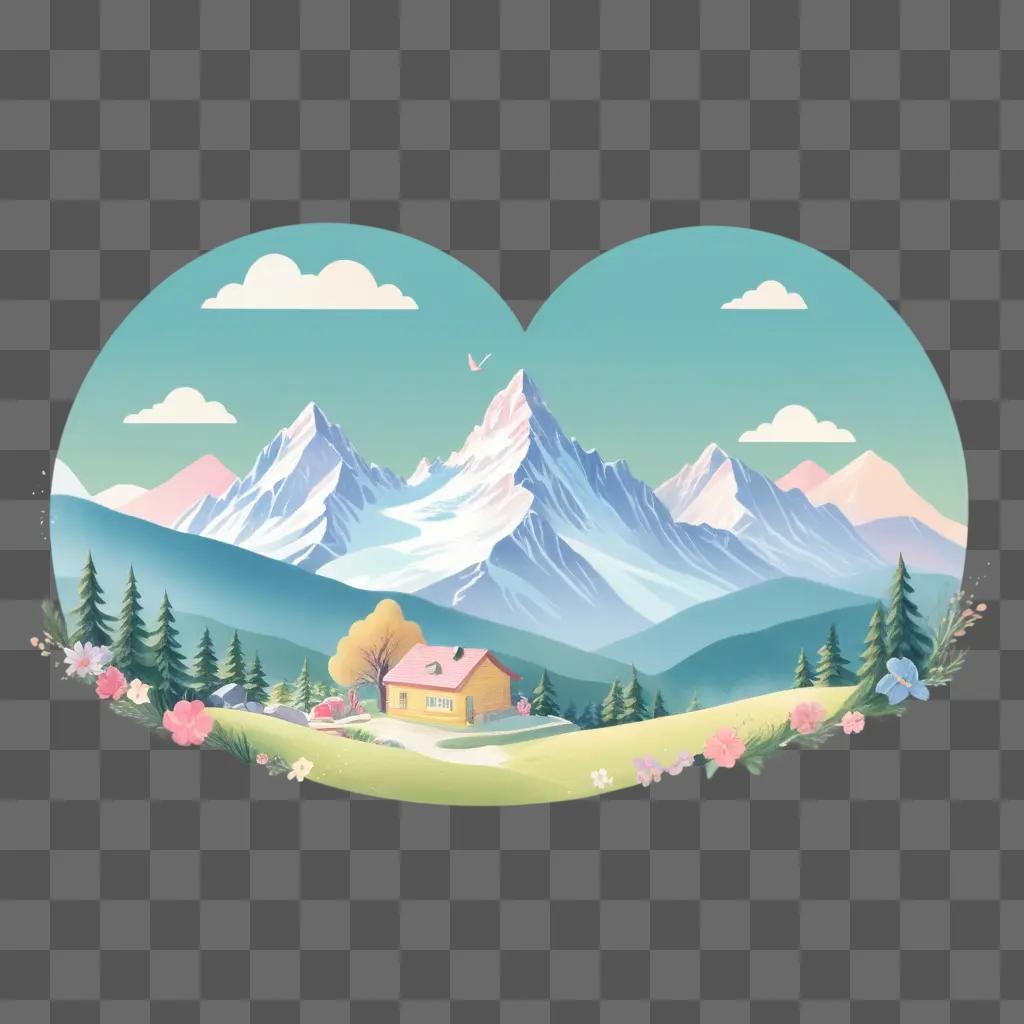 Cute mountain drawing in a round shape