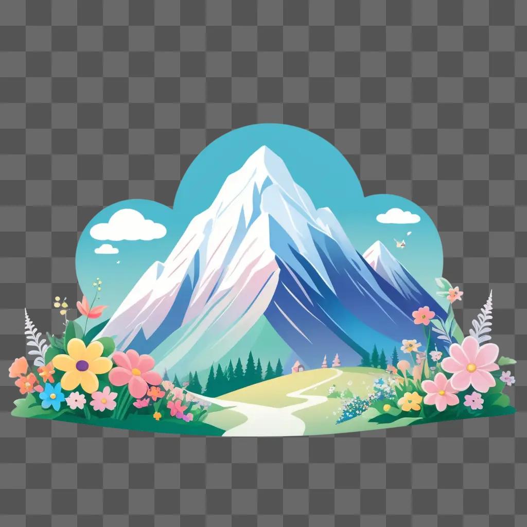 Cute mountain drawing with flowers and birds