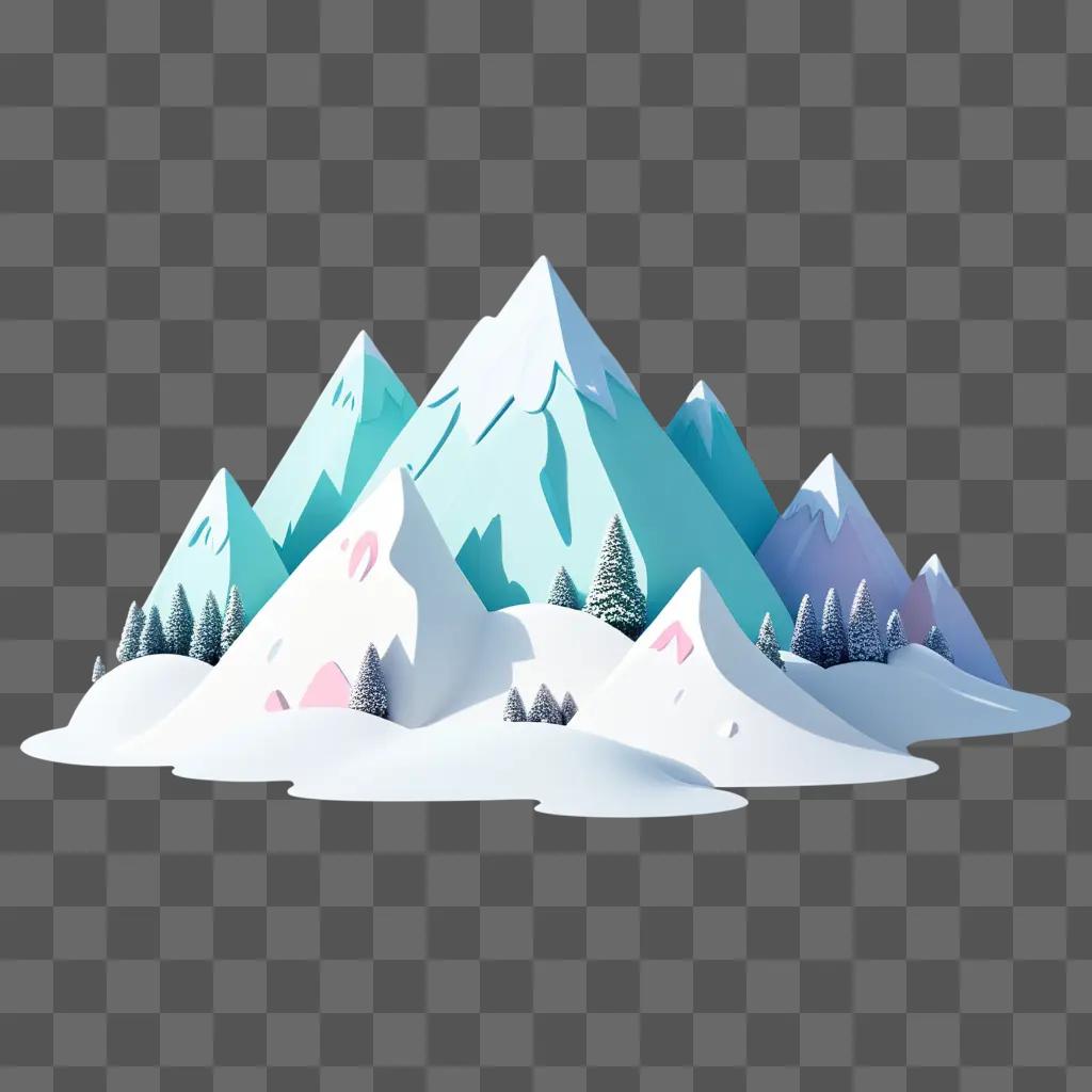 Cute mountain drawing with fluffy pine trees and snow