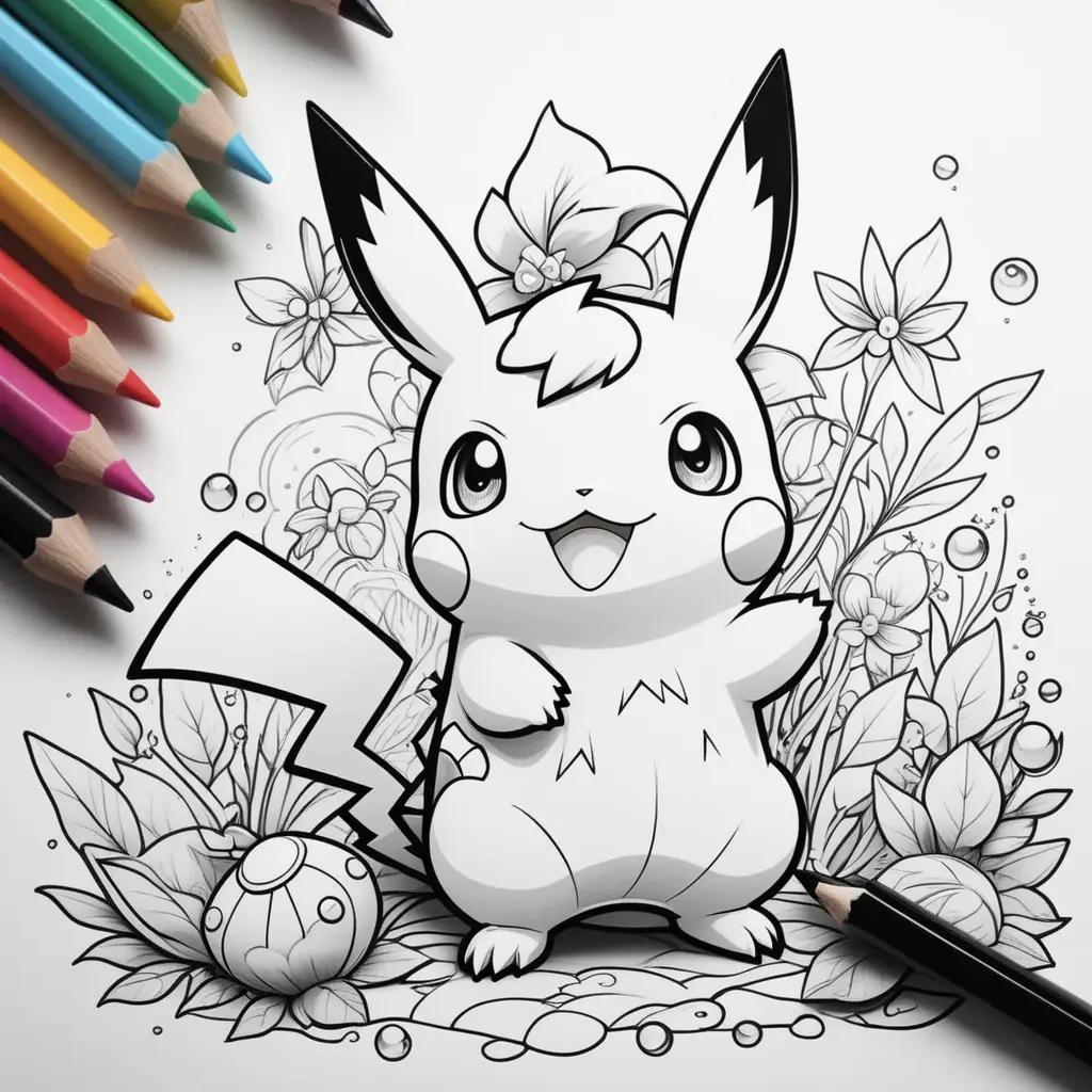 Cute pokemon coloring pages featuring Pikachu and flowers