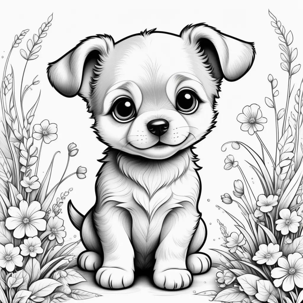 Cute puppy color pages in black and white