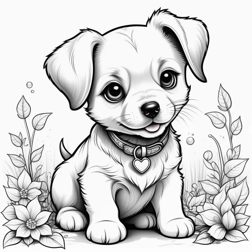 犬の白黒の絵が描かれたかわいい子犬のカラーページ