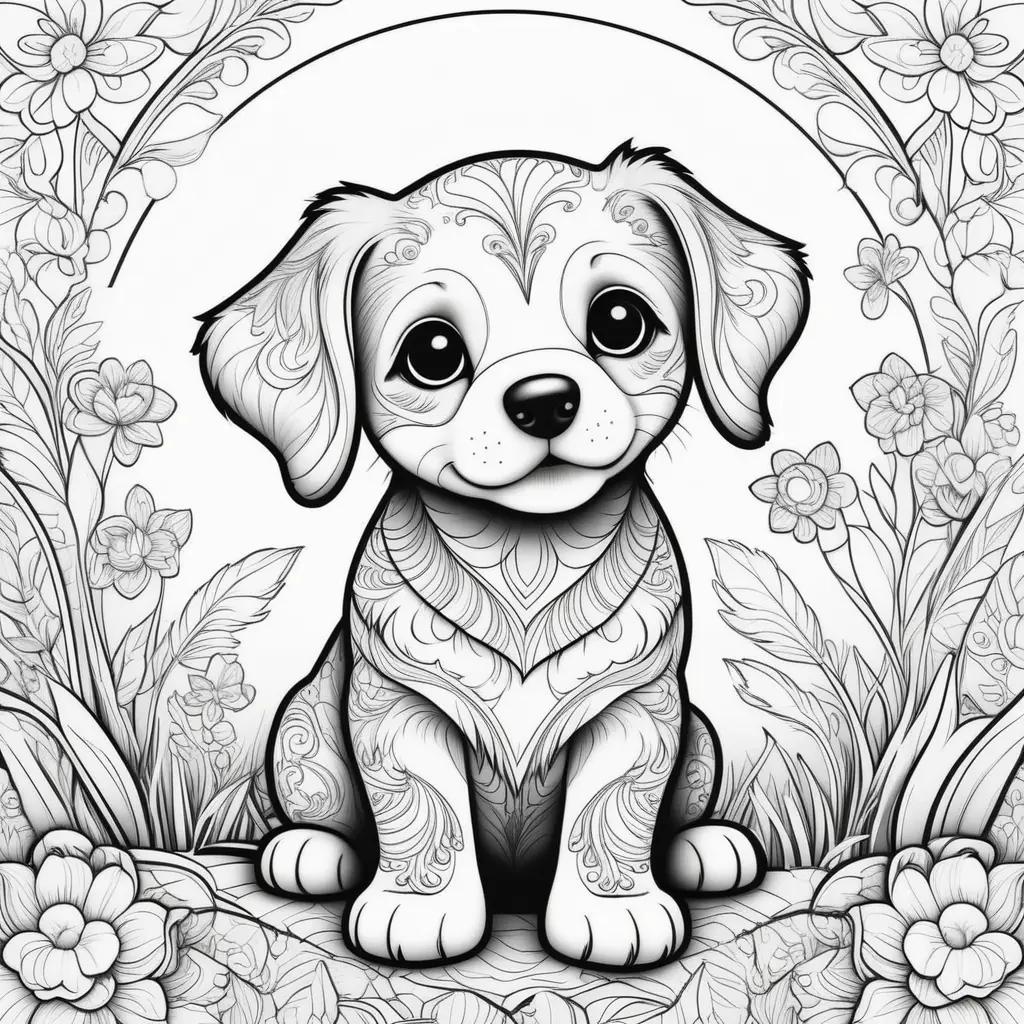 Cute puppy coloring pages with a cute dog in a floral design