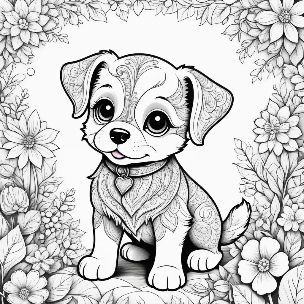 Cute puppy coloring pages with a heart around its neck