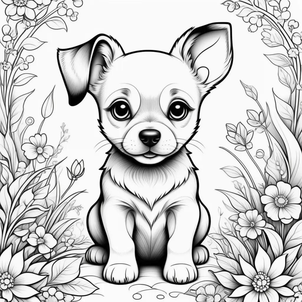 Cute puppy coloring pages with black and white drawing