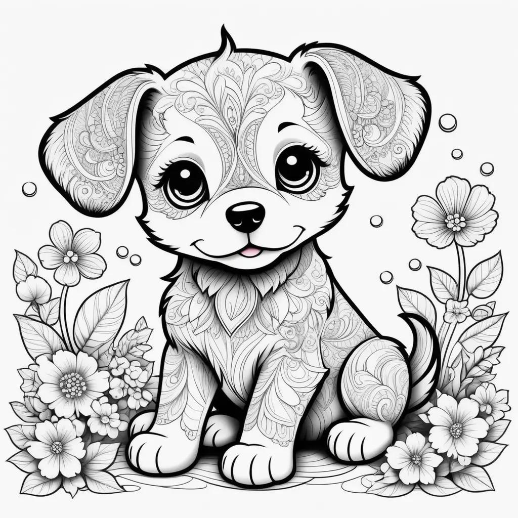 Cute puppy coloring pages with black and white flowers