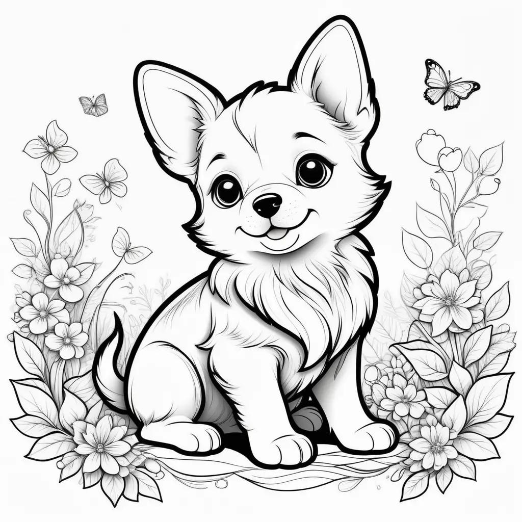 Cute puppy coloring pages with butterflies and flowers