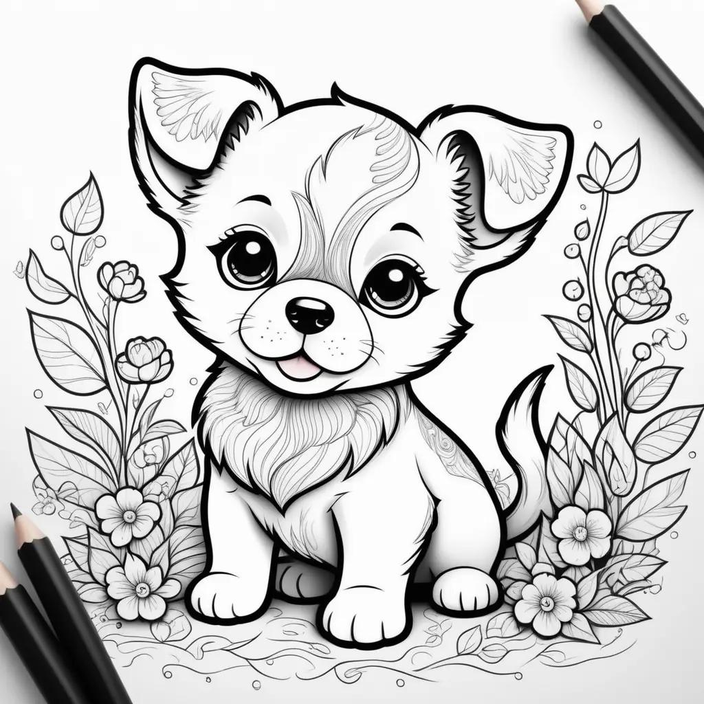 Cute puppy coloring pages with flowers and pencils