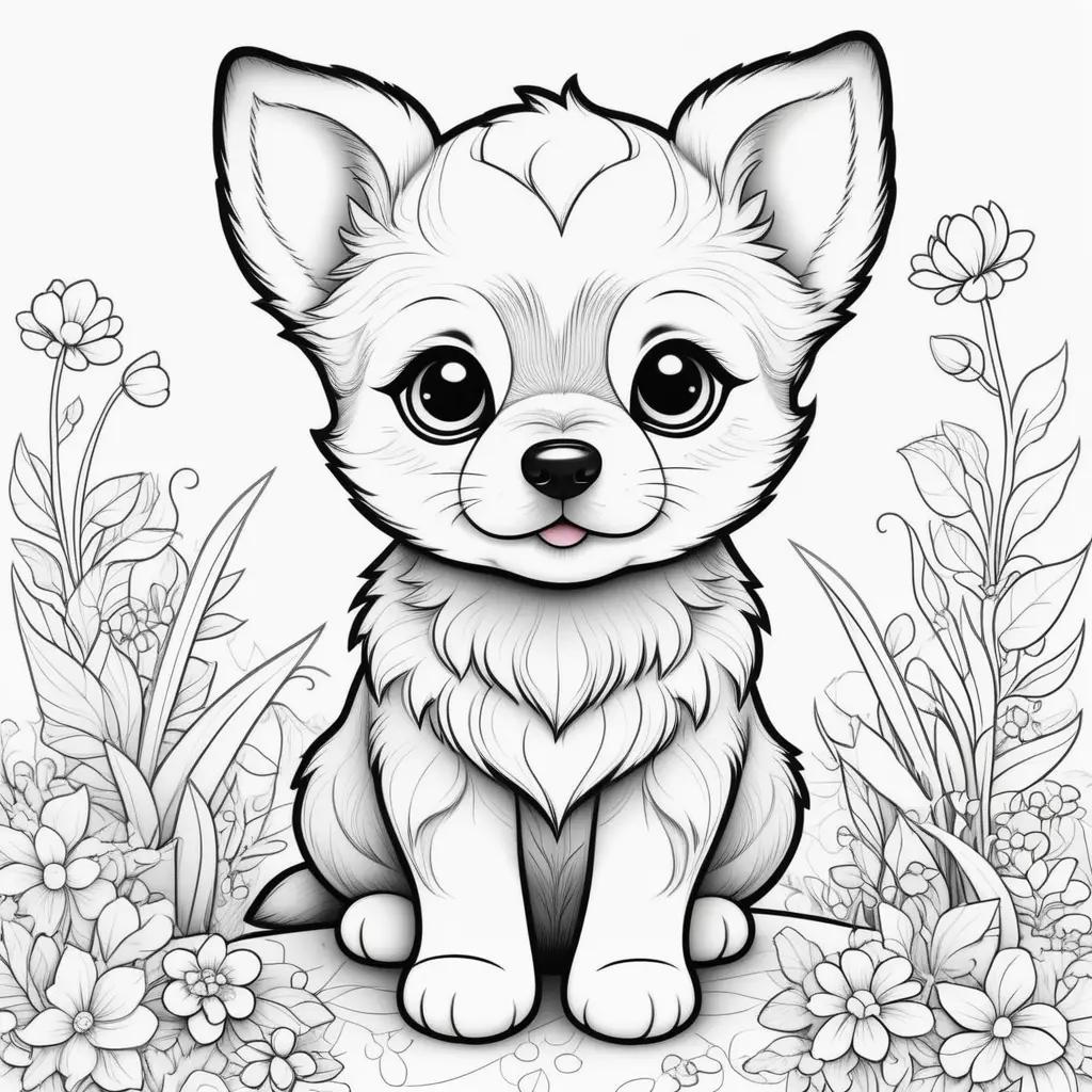 Cute puppy coloring pages with flowers around it