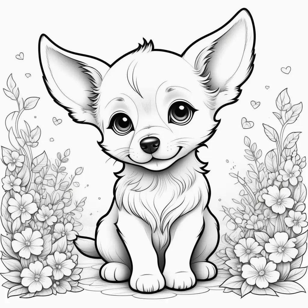 Cute puppy coloring pages with hearts and flowers