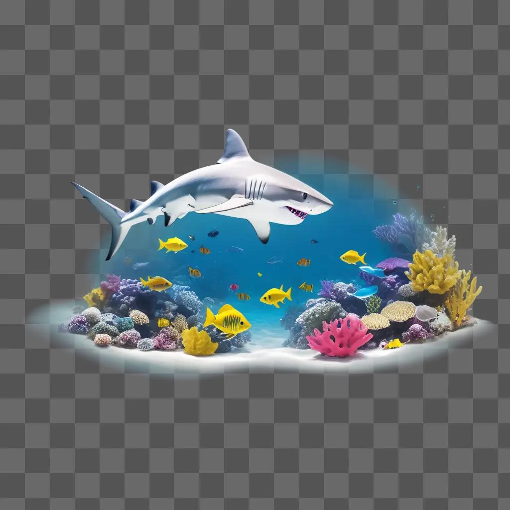 Cute shark swimming with colorful fish
