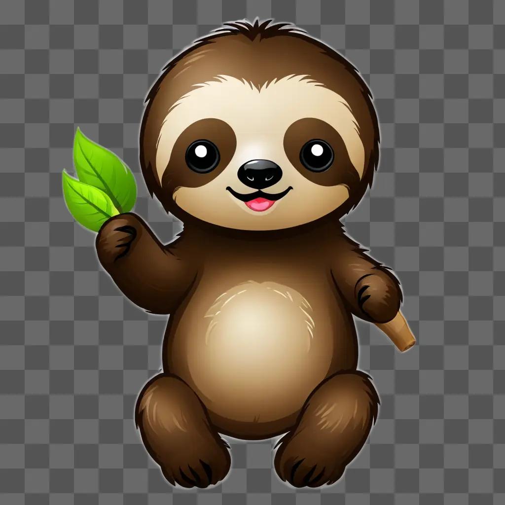 Cute sloth cartoon holding green leaf