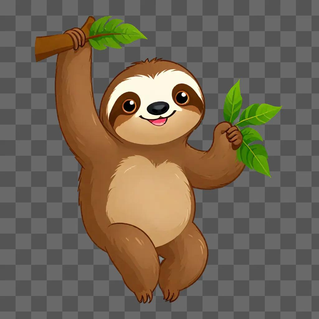 Cute sloth cartoon holding green leaves