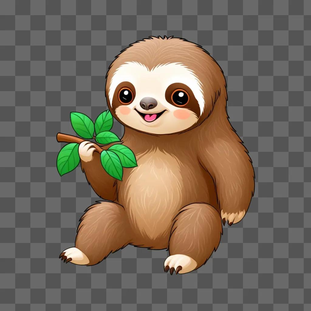 Cute sloth cartoon with a smiling face and a green leaf in its mouth