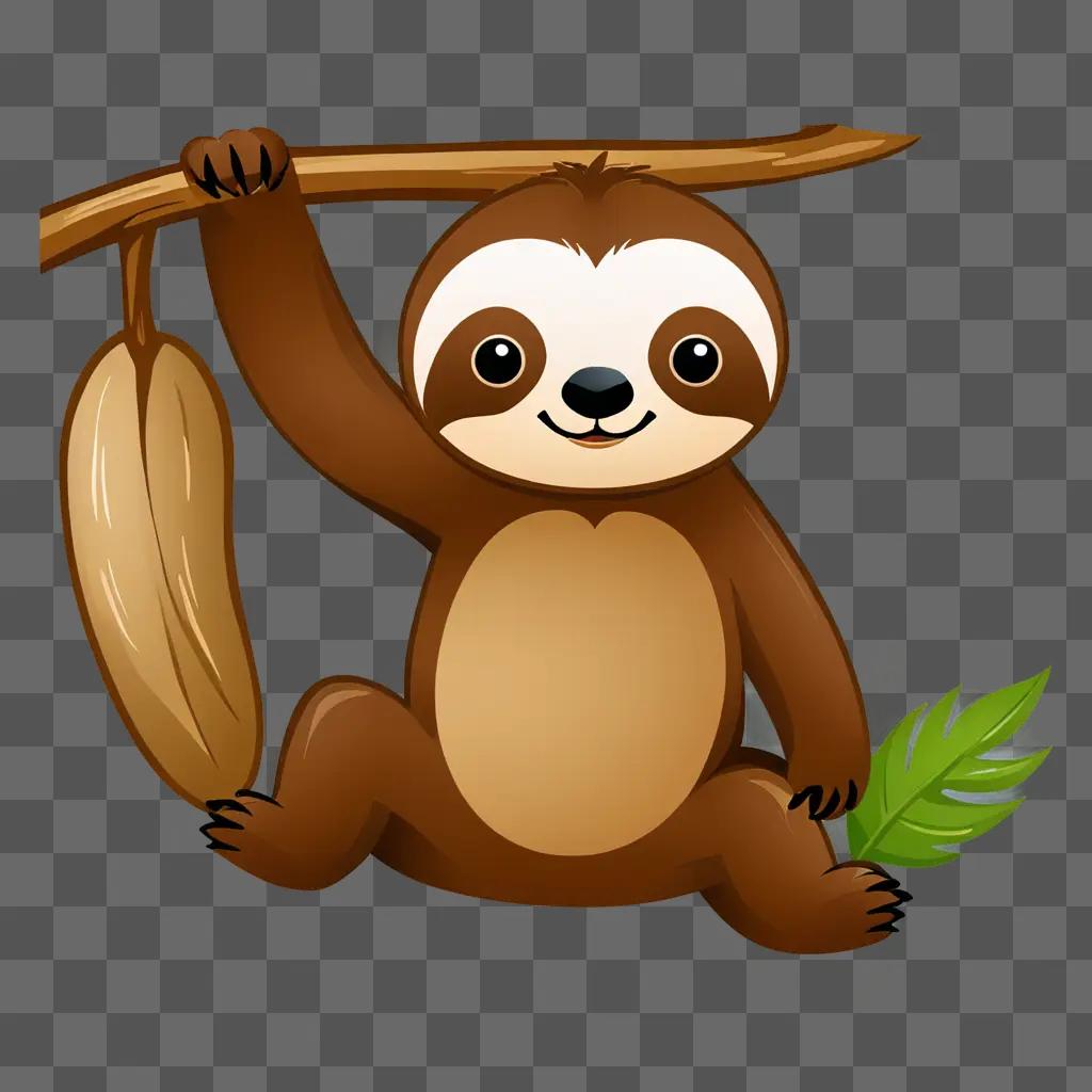 Cute sloth cartoon with stick and leaf