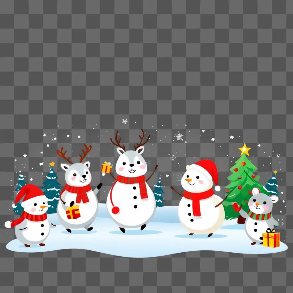 Cute snowmen and reindeer in a festive background