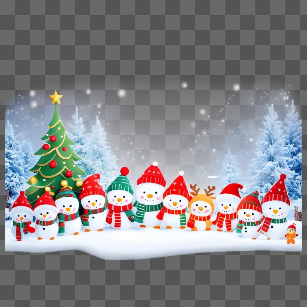 Cute snowmen stand in front of Christmas tree background