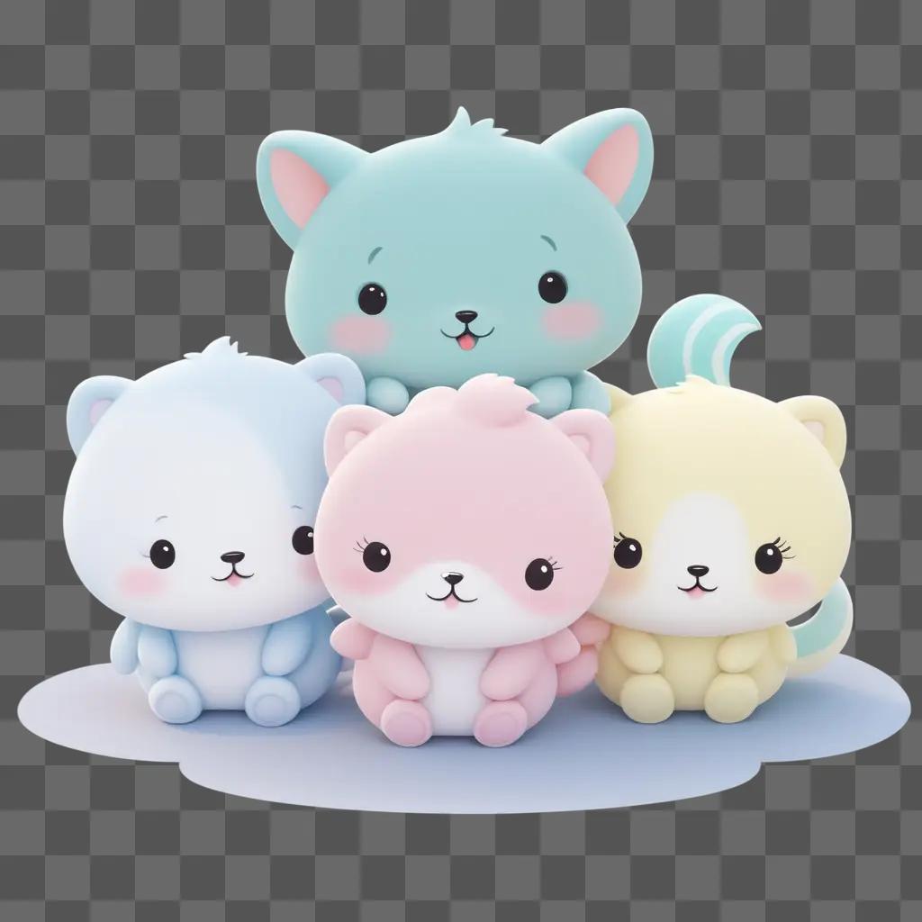 Cute stuffed animals sitting on a blue background