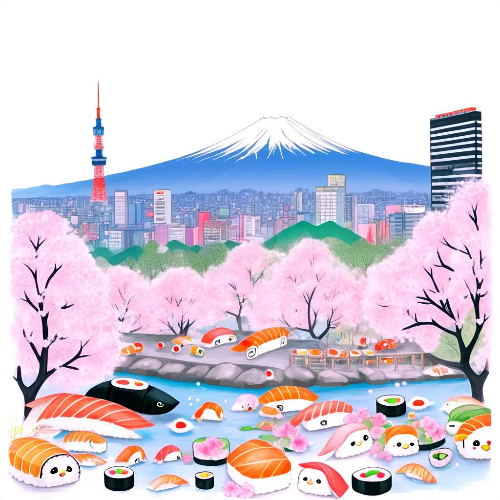 Cute sushi drawing of a river with cherry blossoms