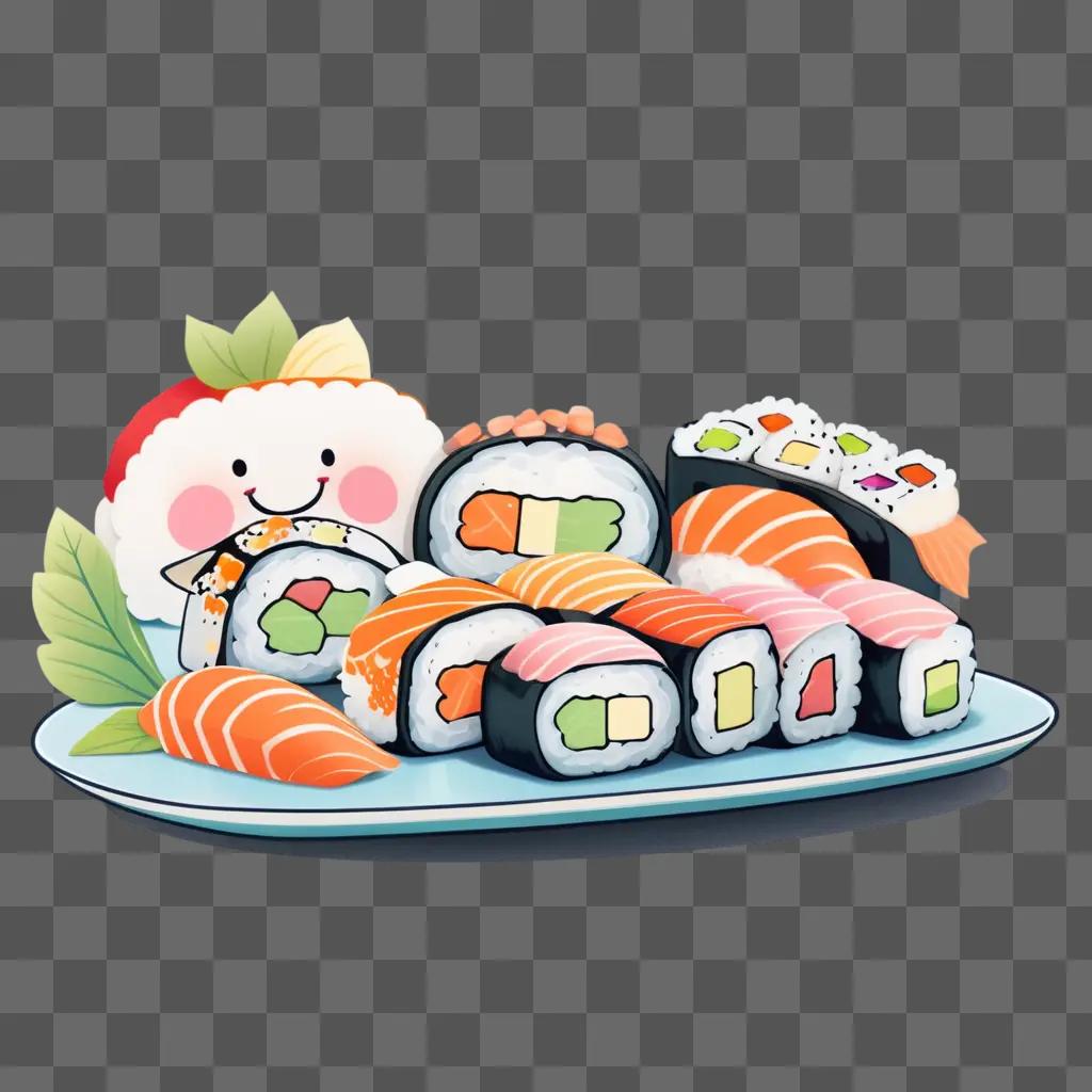 Cute sushi drawing on a plate with a smiling face