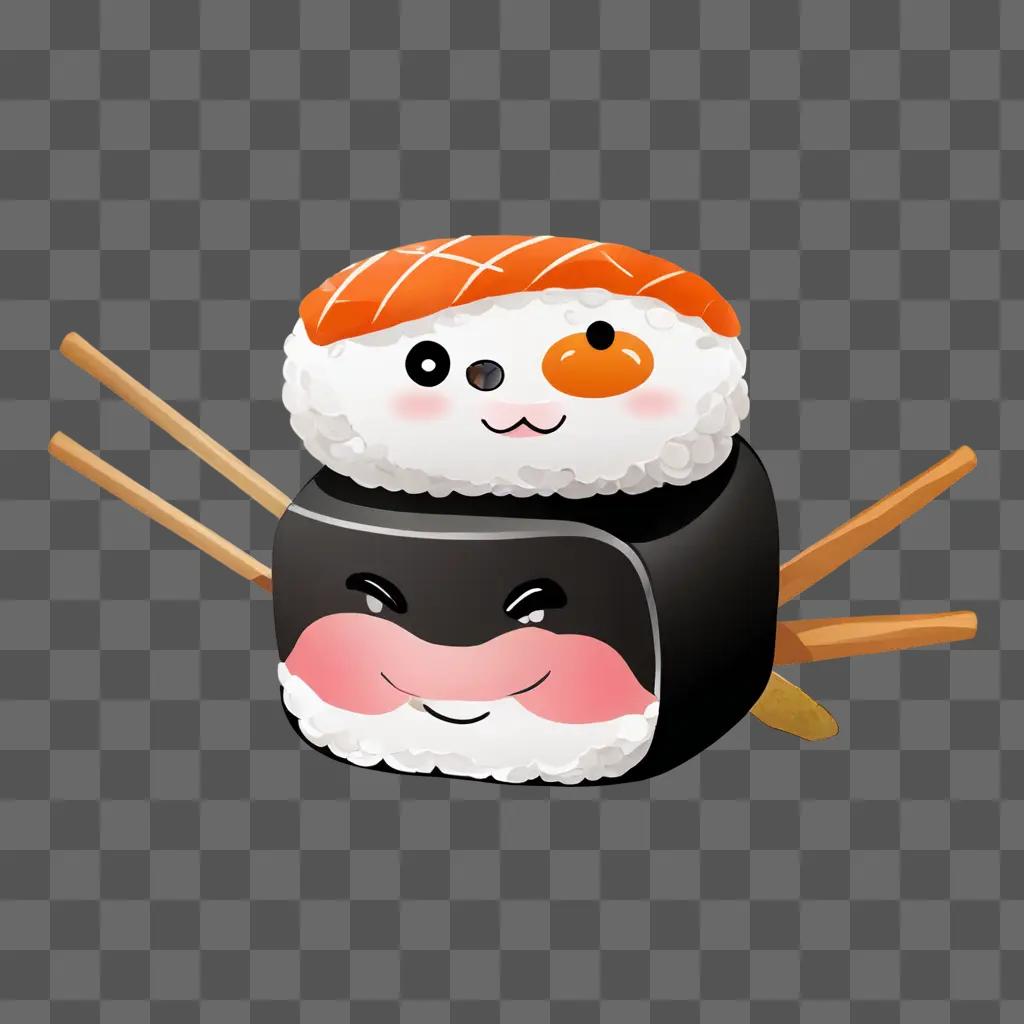 Cute sushi drawing with chopsticks and fish on a brown background