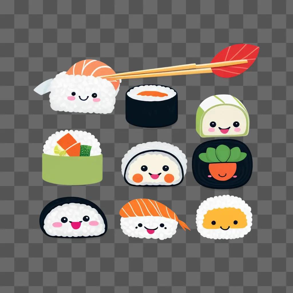 Cute sushi drawing with smiling faces and chopsticks