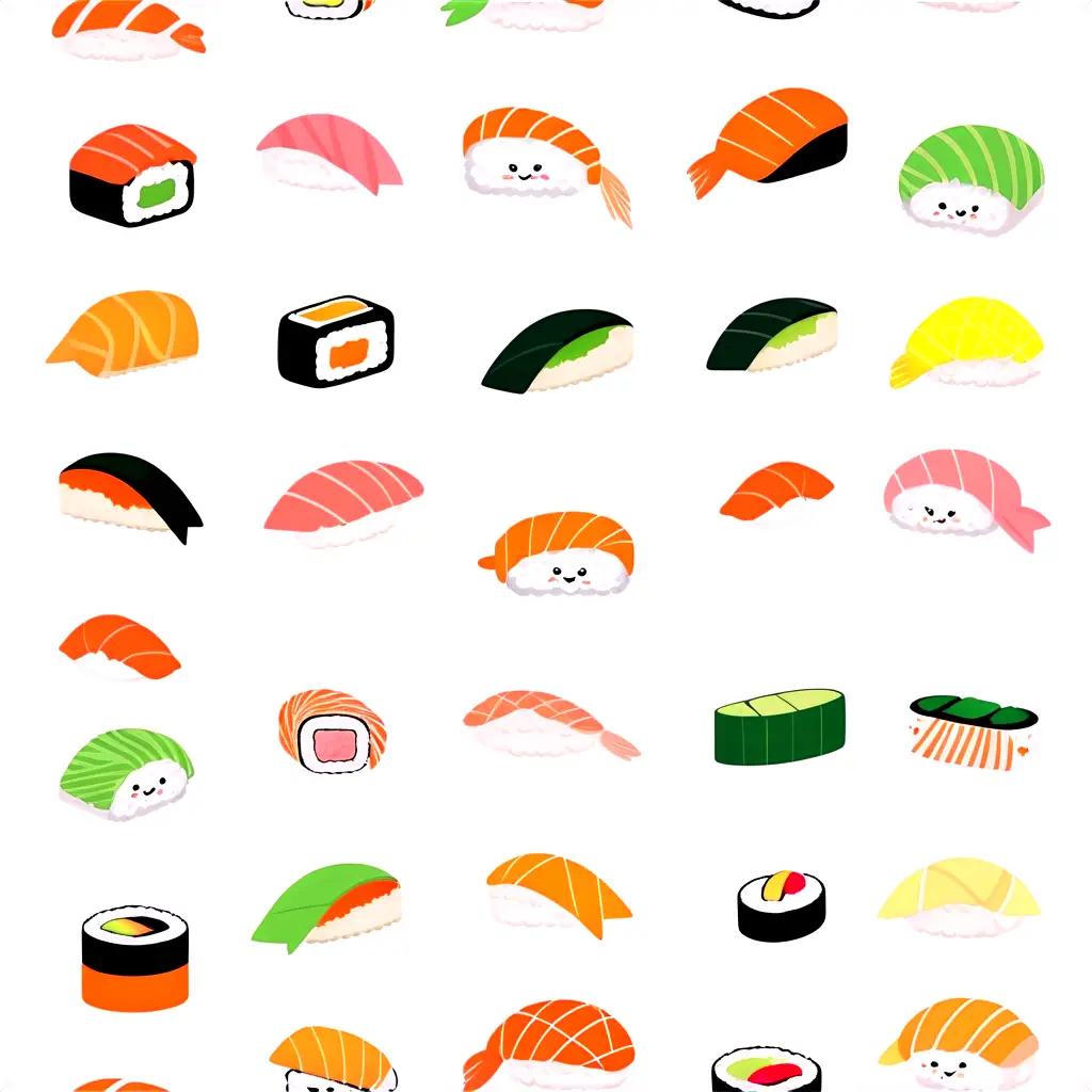 Cute sushi drawing with various types and colors