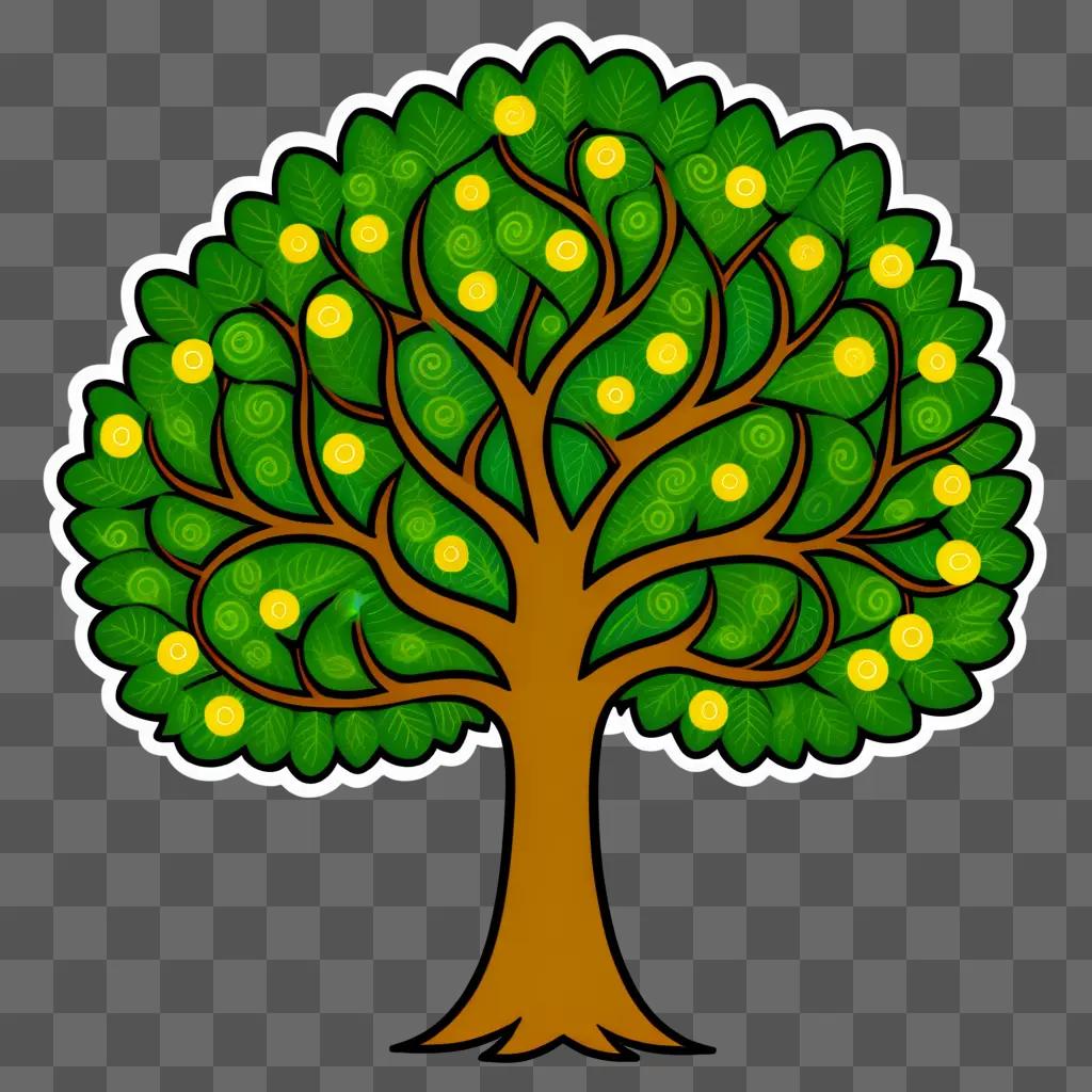 Cute tree drawing with glowing yellow fruits