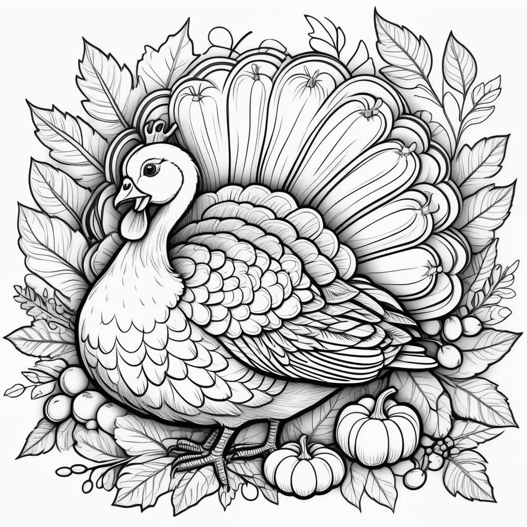 Cute turkey and pumpkins on a Thanksgiving coloring page