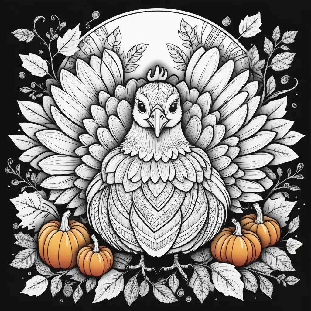 Cute turkey and pumpkins on a black background