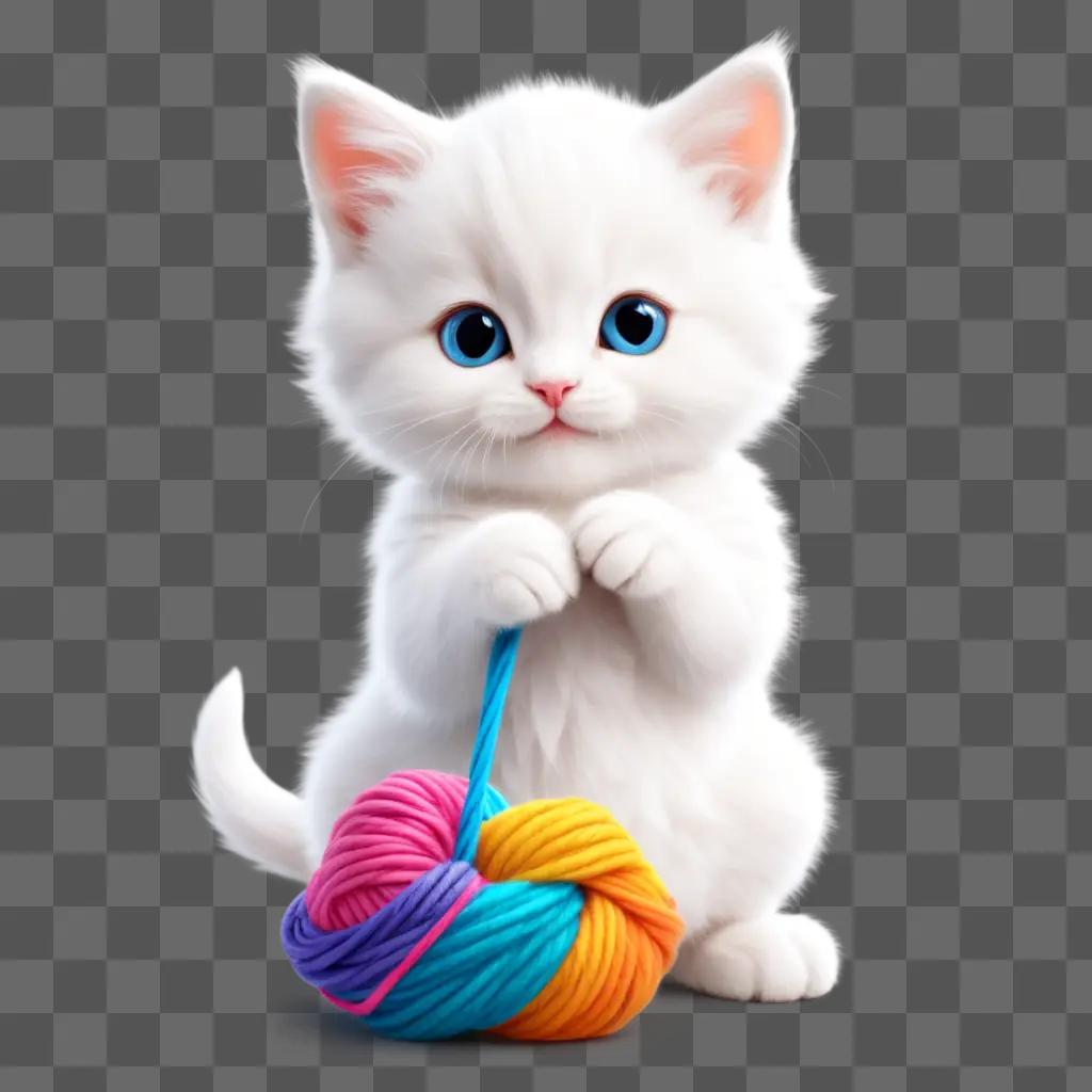 Cute white kitten with multicolored yarn