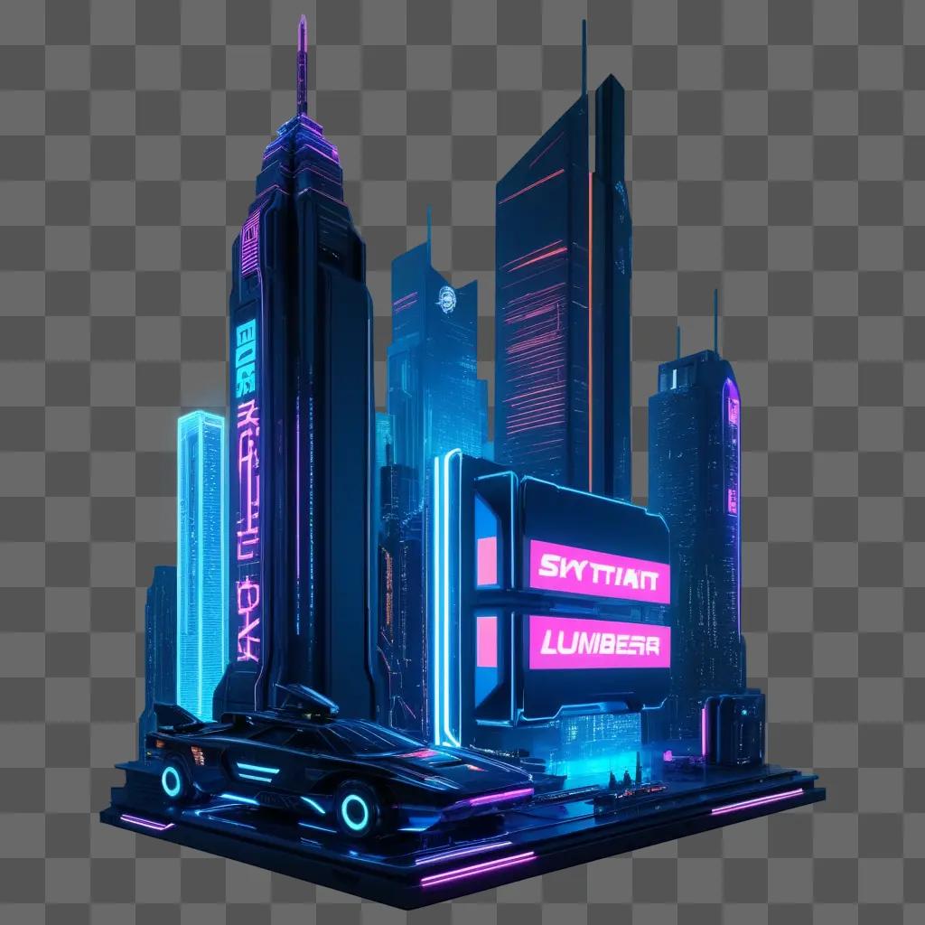 Cyber city lights and neon signs in the dark