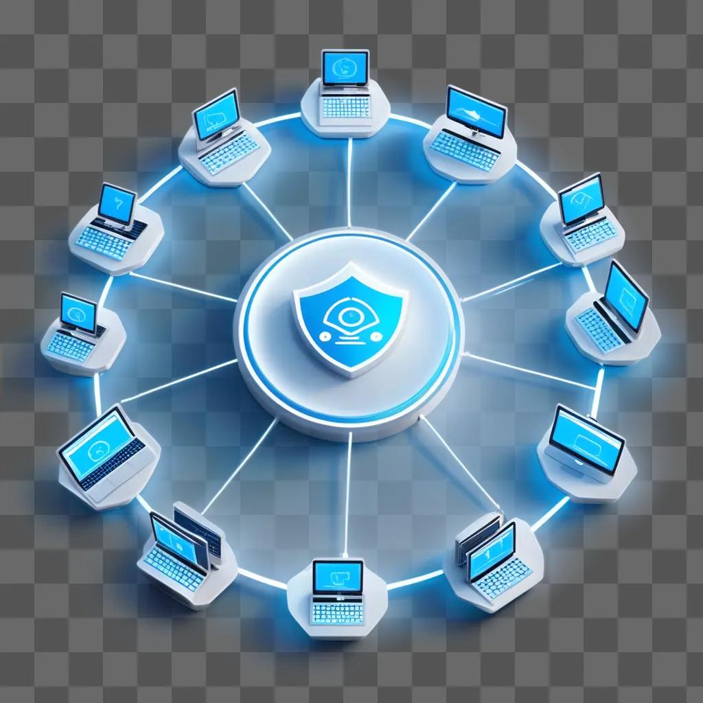 Cyber security is displayed in a round-shaped, blue and white design