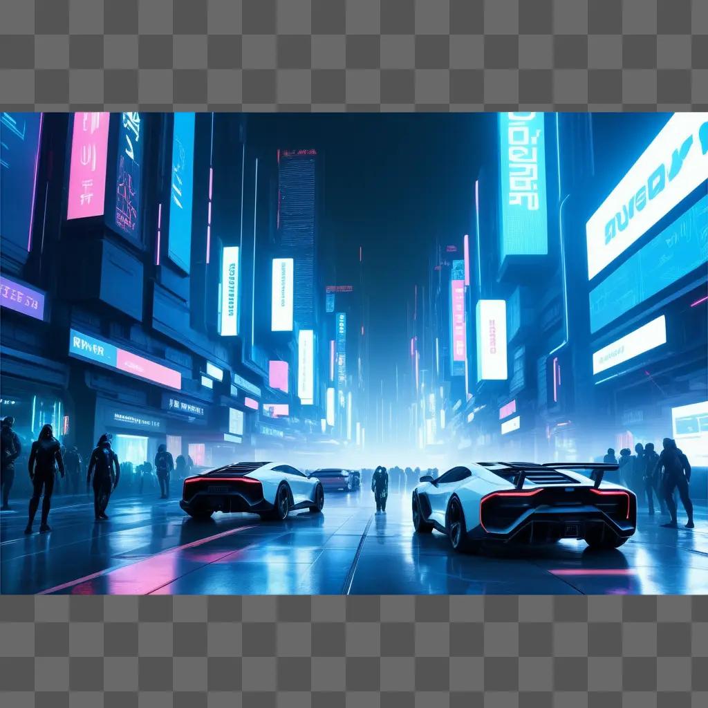 Cyber-themed cityscape with neon signs and people