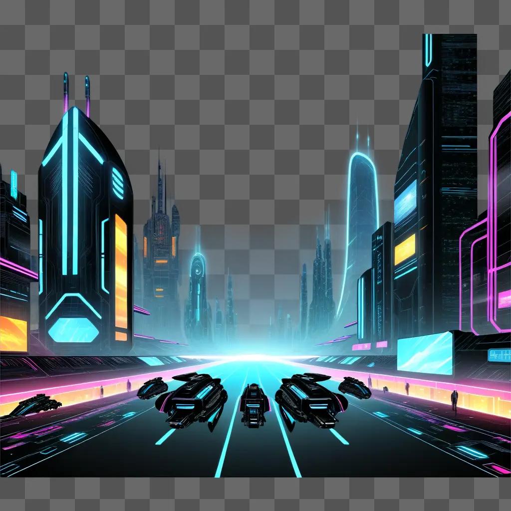 Cybernetic vehicles race through a futuristic cityscape