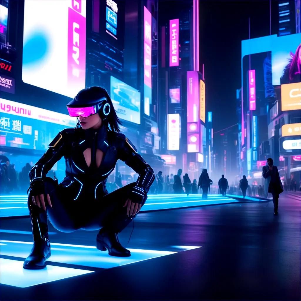 Cyberpunk woman with pink lights and high-tech gear