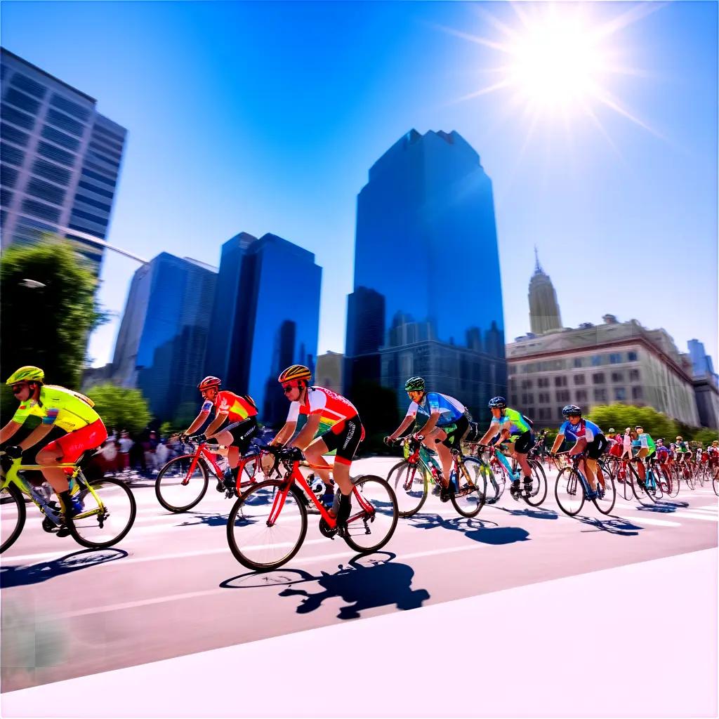 Cyclists race on city street past tall buildings