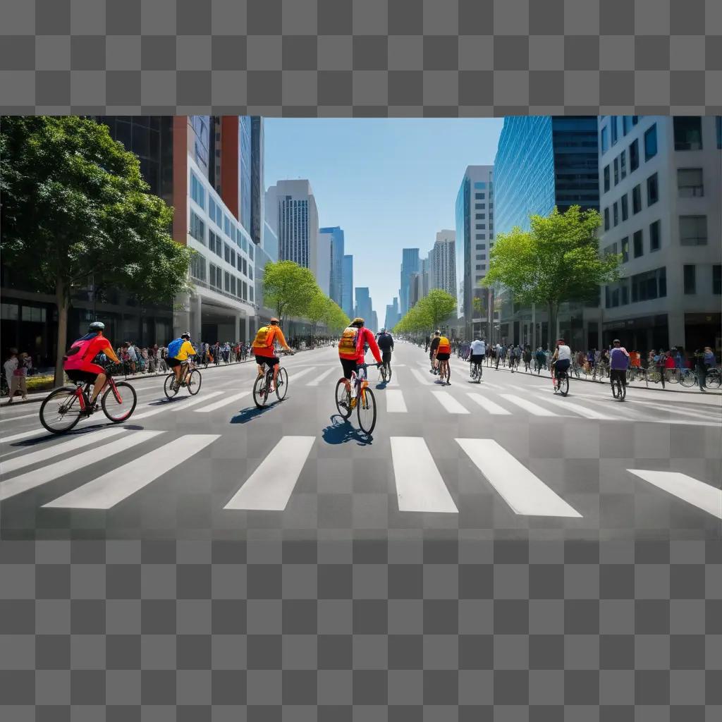 Cyclists ride down a city street, lined with buildings and trees