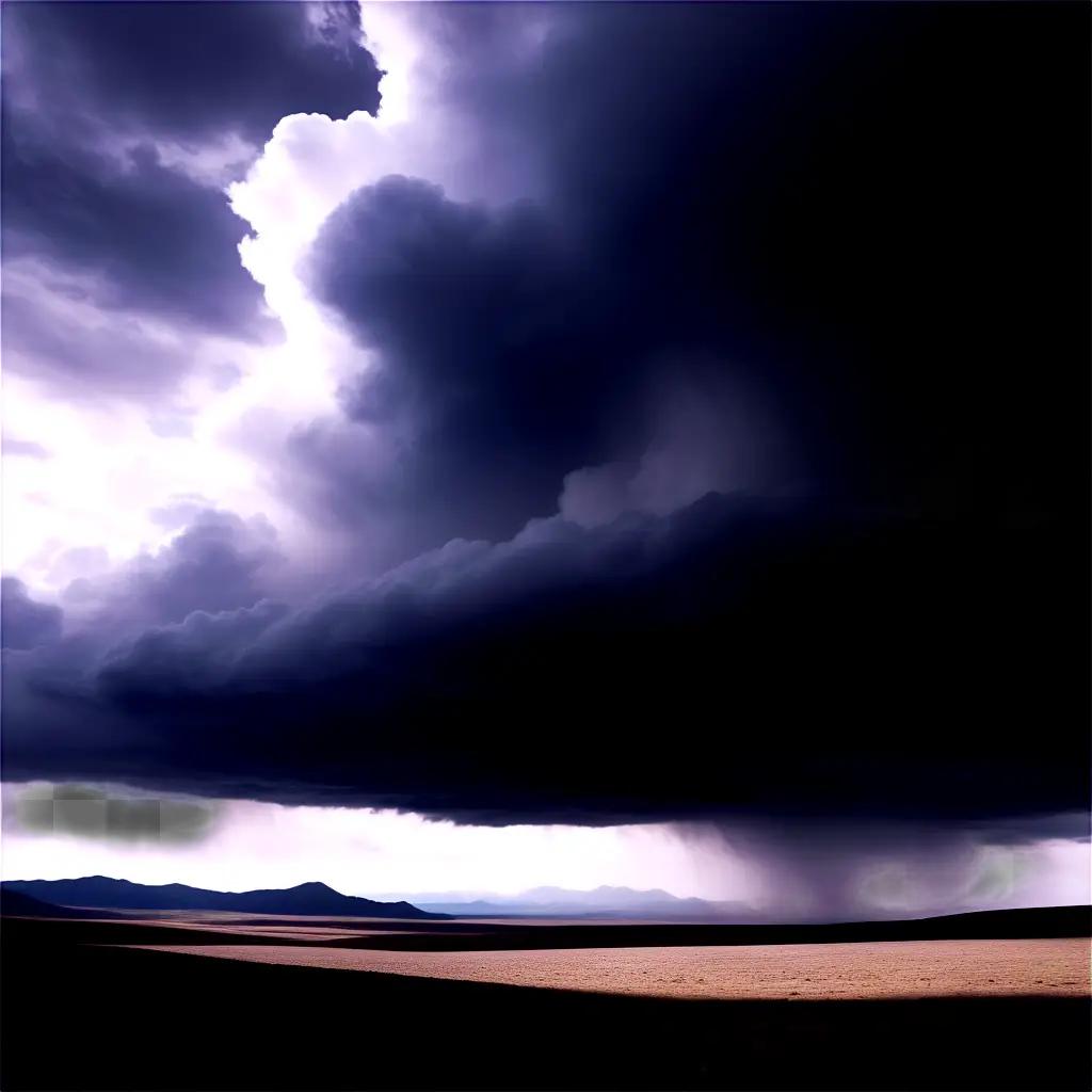 Dark clouds gather in the sky above a valley