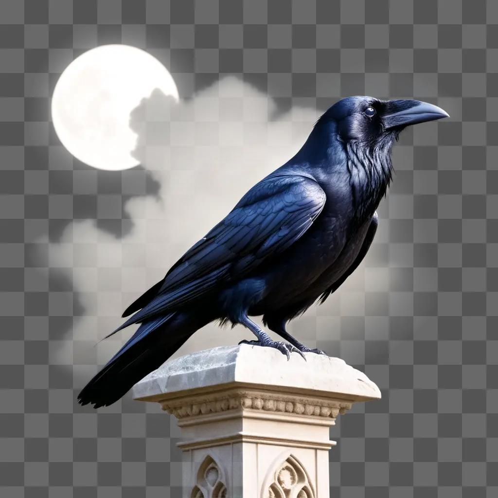 Dark raven perched on a stone pillar