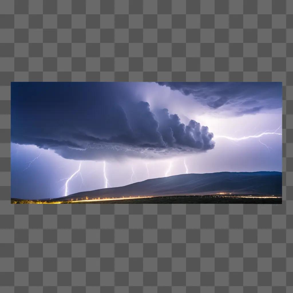 Dark storm clouds over a mountain range with lightning