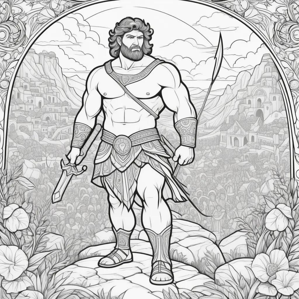 David, Goliath coloring page, with an epic battle scene